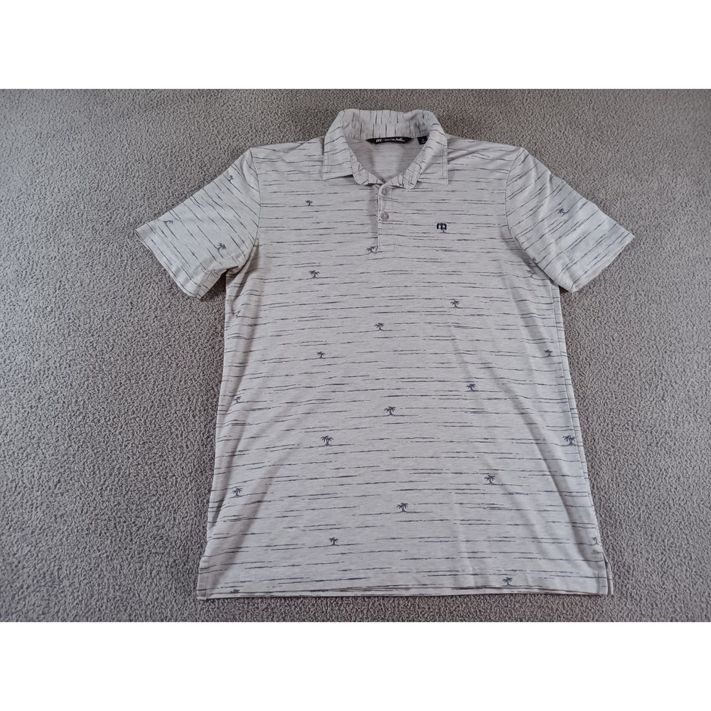 TravisMathew Golf Polo Shirt Mens M Gray Palm Tree Print Stretch Performance